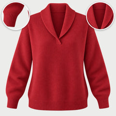 The Joan Draped Shawl Collar Knit Jumper in Red, with close-ups of the details