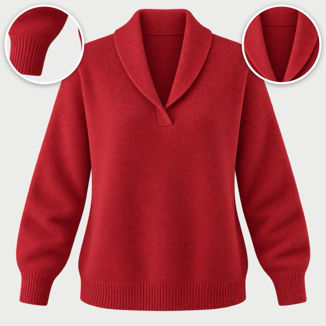 The Joan Draped Shawl Collar Knit Jumper in Red, with close-ups of the details