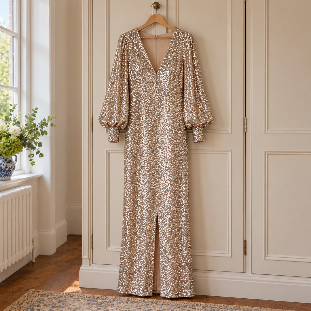The Joanne Long Sleeve Sequin Maxi Dress in Champagne on a hanger