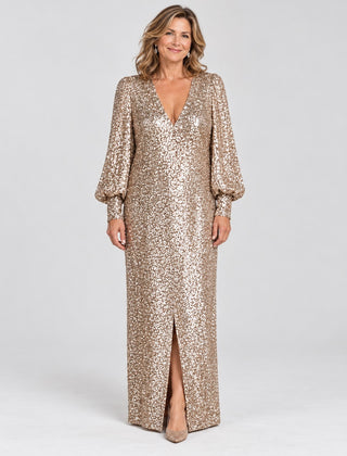 The Joanne Long Sleeve Sequin Maxi Dress in Champagne