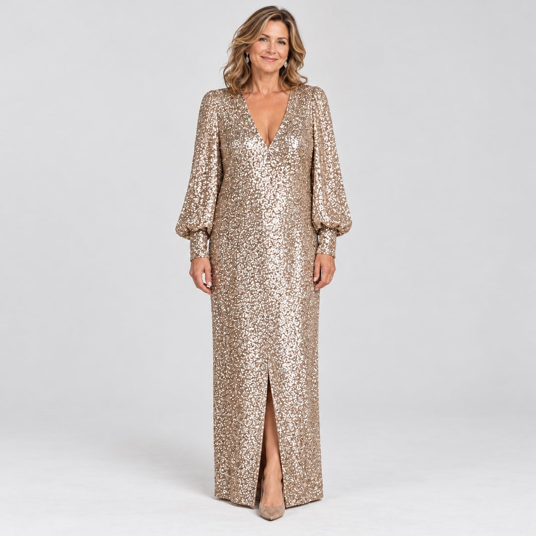 The Joanne Long Sleeve Sequin Maxi Dress in Champagne