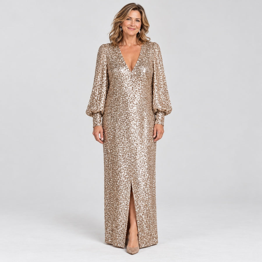 The Joanne Long Sleeve Sequin Maxi Dress in Champagne