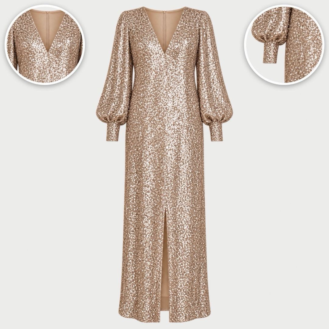 The Joanne Long Sleeve Sequin Maxi Dress in Champagne, with close-ups of the details
