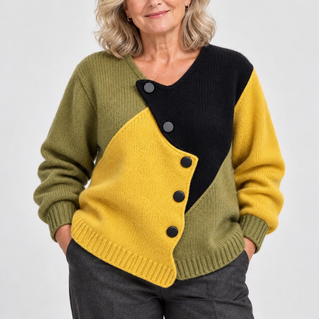 Josie Colour Block Asymmetric Button Jumper close-up