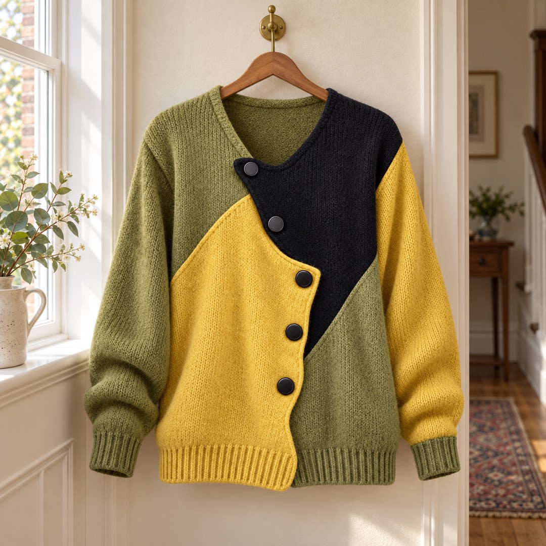 Josie Colour Block Asymmetric Button Jumper on a hanger