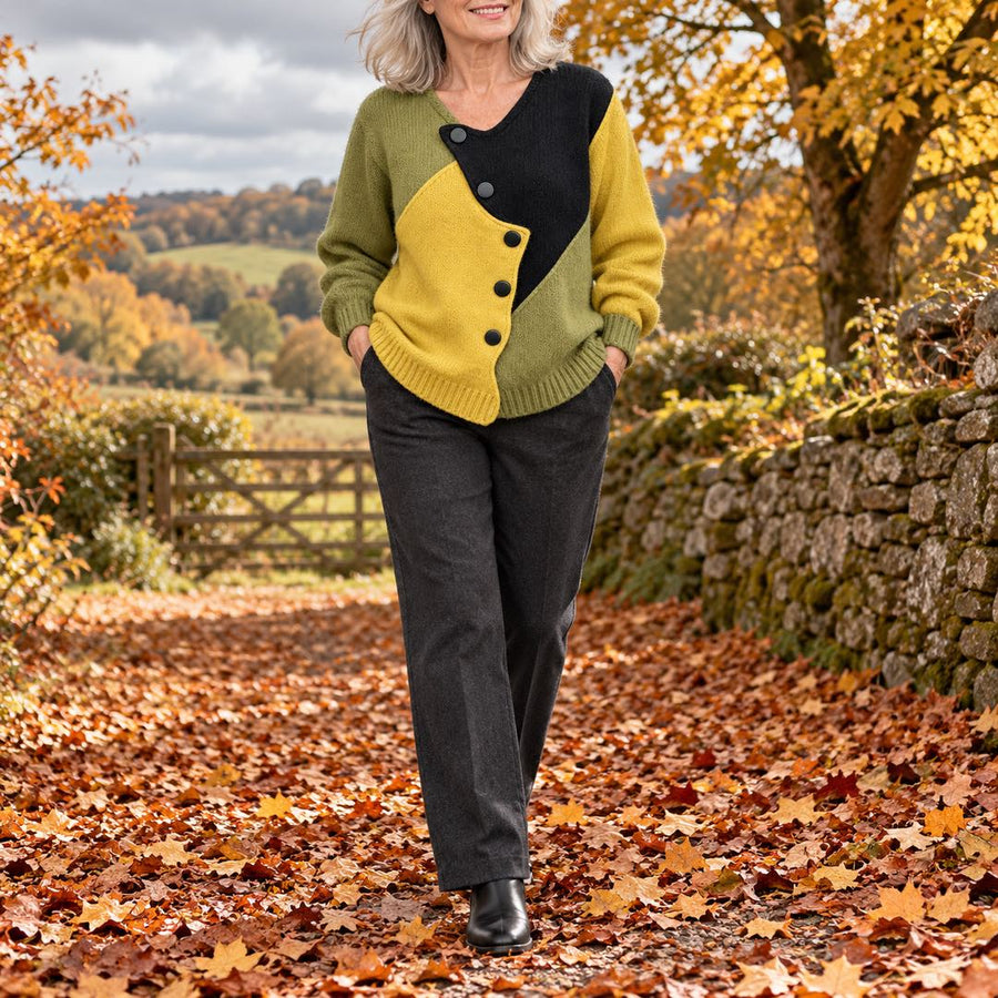 Josie Colour Block Asymmetric Button Jumper worn on an autumn walk