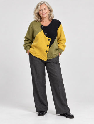 Josie Colour Block Asymmetric Button Jumper in Olive Mix