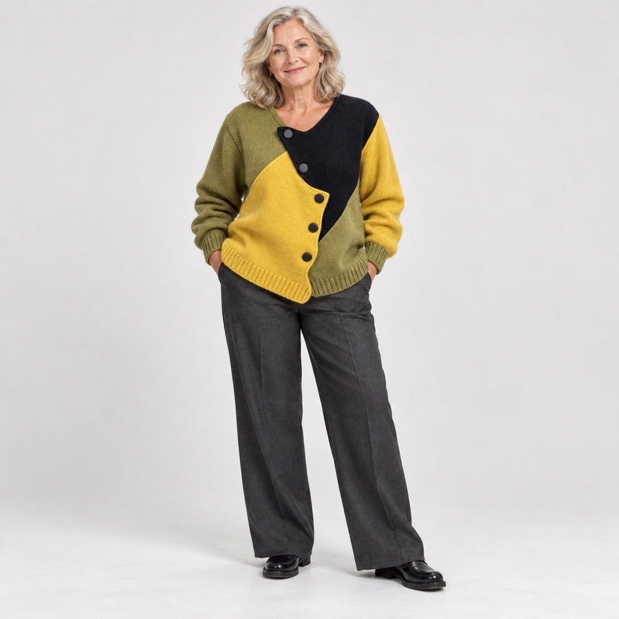Josie Colour Block Asymmetric Button Jumper in Olive Mix