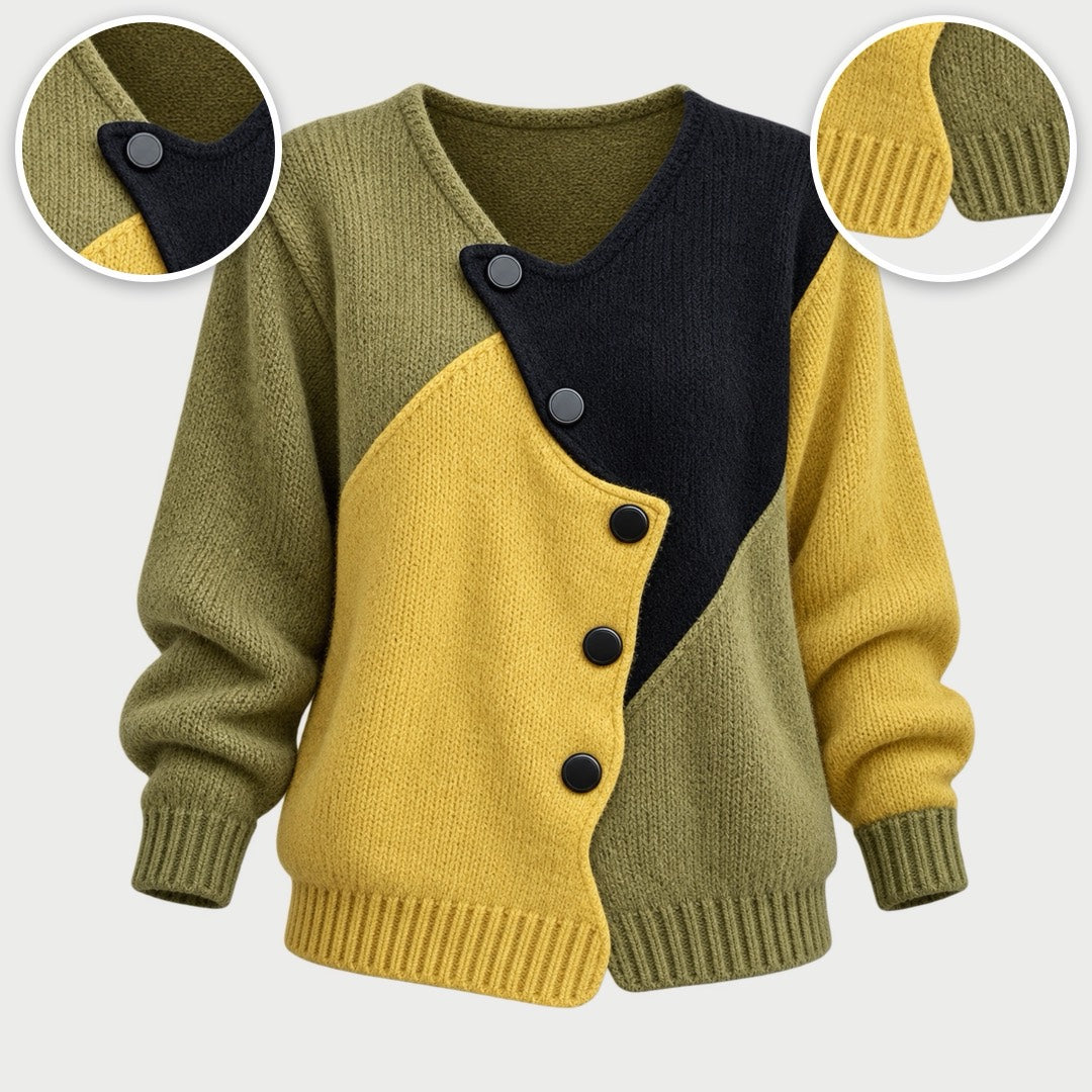 Josie Colour Block Asymmetric Button Jumper, with close-ups of the details