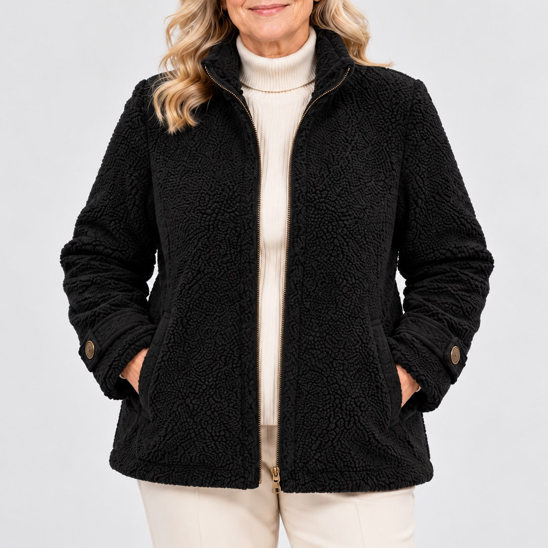 Close-up of the Joy Cosy Teddy Fleece Stand Collar Jacket in Black