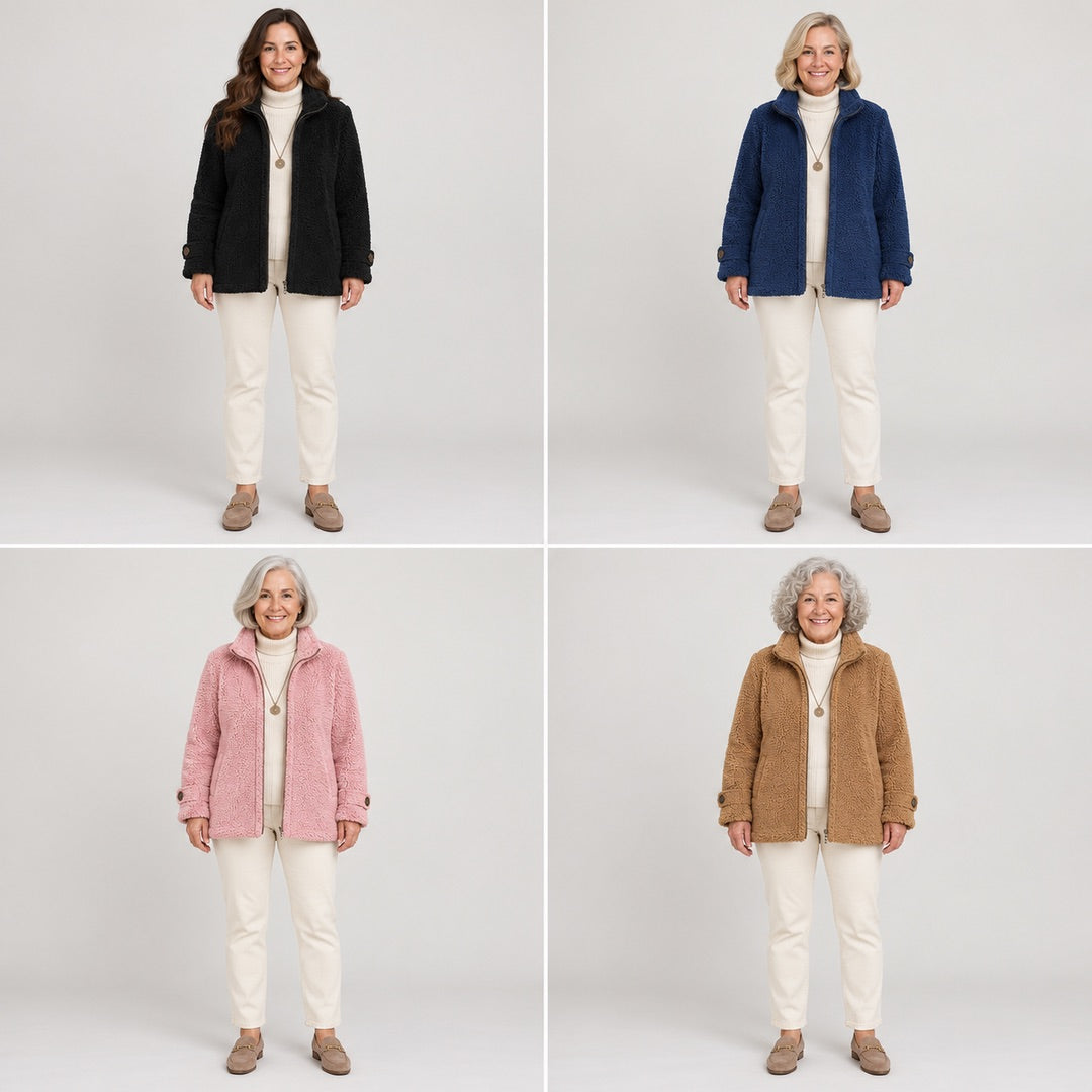 Women of different ages wearing the Joy jacket in Black, Navy, Pink and Camel