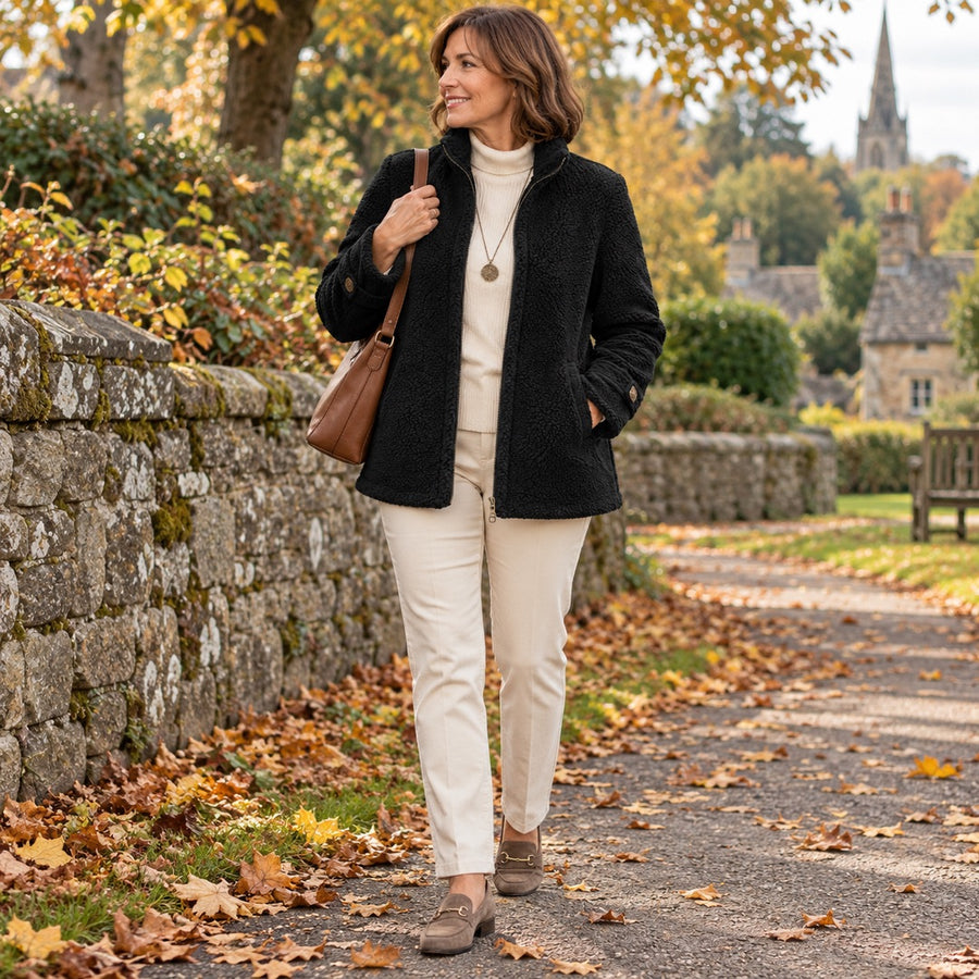 Joy Cosy Teddy Fleece Stand Collar Jacket on an autumn walk