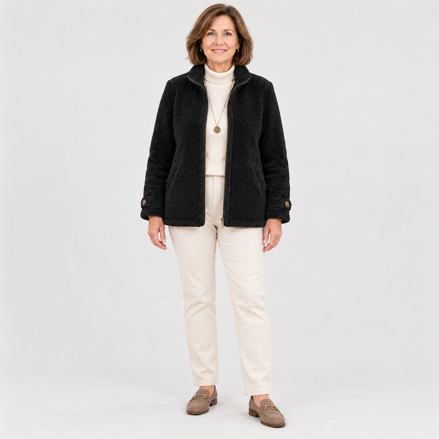 Joy Cosy Teddy Fleece Stand Collar Jacket in Black