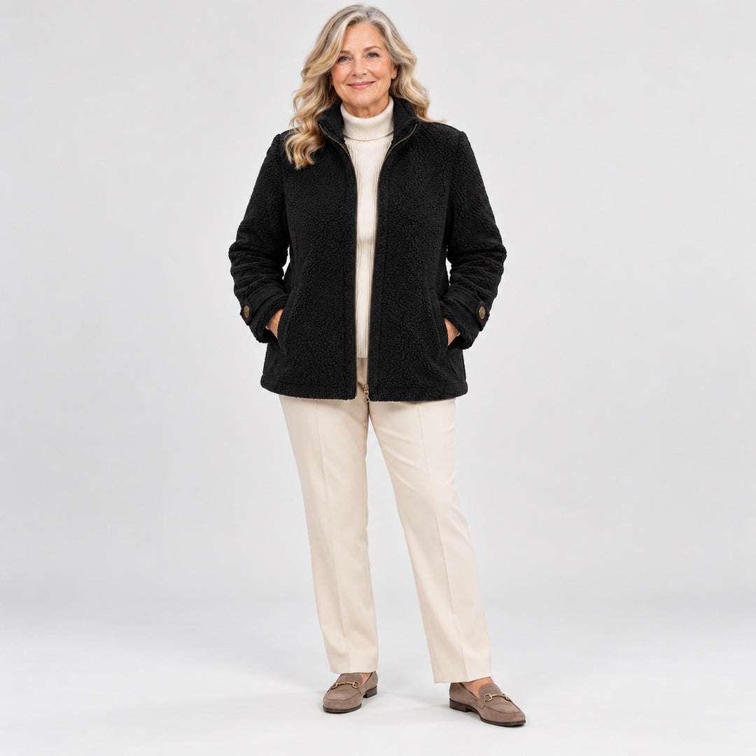 The Joy Cosy Teddy Fleece Stand Collar Jacket in Black