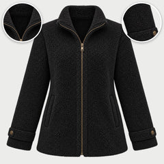 The Joy Cosy Teddy Fleece Stand Collar Jacket in Black, with close-ups of the details