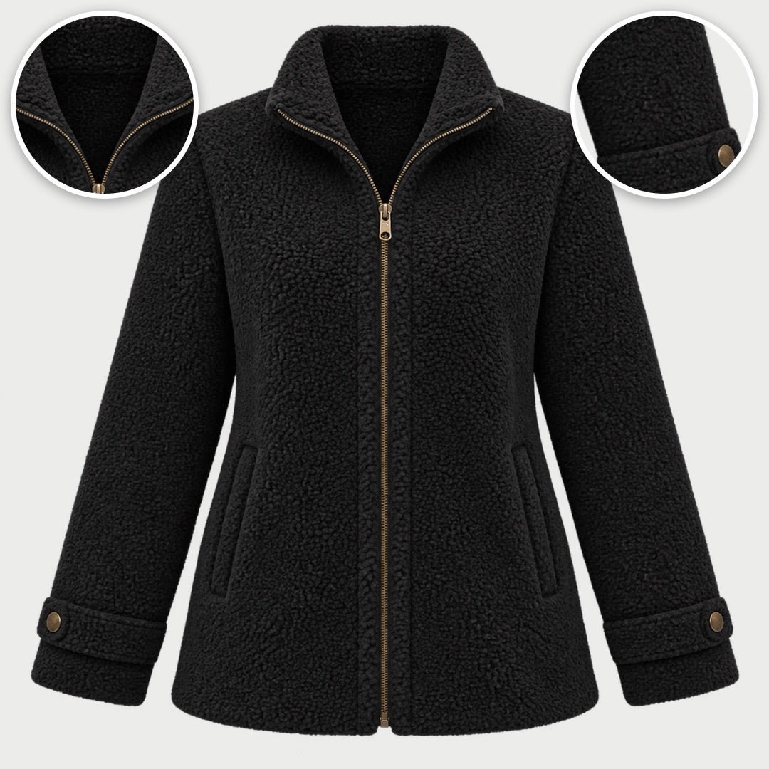 The Joy Cosy Teddy Fleece Stand Collar Jacket in Black, with close-ups of the details