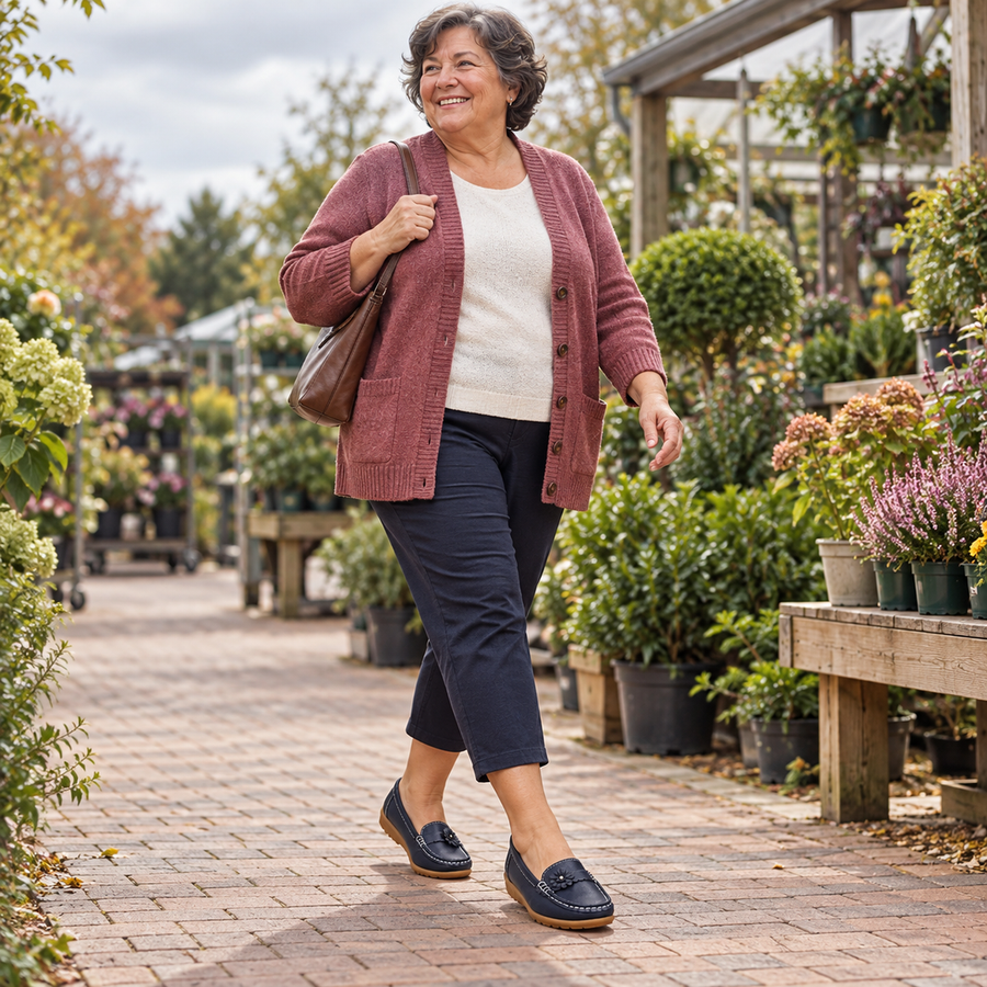 Joyce Flower Detail Comfort Loafers in Navy - worn at the garden centre