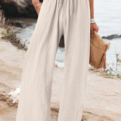 Nicola Relaxed Wide-Leg Drawstring Trousers in Stone
