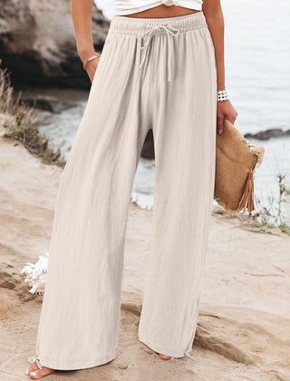 Nicola Relaxed Wide-Leg Drawstring Trousers in Stone