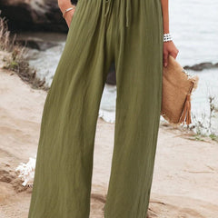 Nicola Relaxed Wide-Leg Drawstring Trousers in Olive
