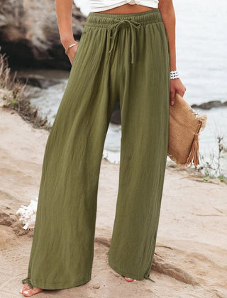 Nicola Relaxed Wide-Leg Drawstring Trousers in Olive