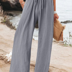 Nicola Relaxed Wide-Leg Drawstring Trousers in Grey