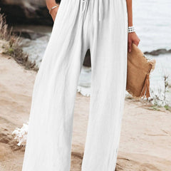 Nicola Relaxed Wide-Leg Drawstring Trousers in White