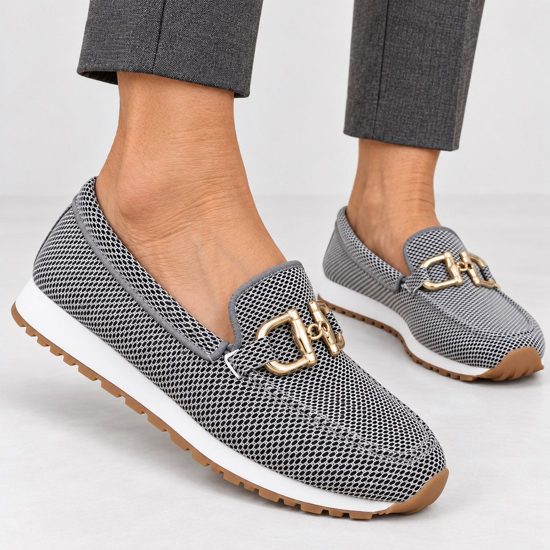 Judy Gold Buckle Knit Loafer Trainers close-up