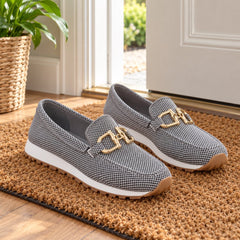 Judy Gold Buckle Knit Loafer Trainers on a doormat