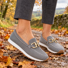 Judy Gold Buckle Knit Loafer Trainers worn on an autumn walk