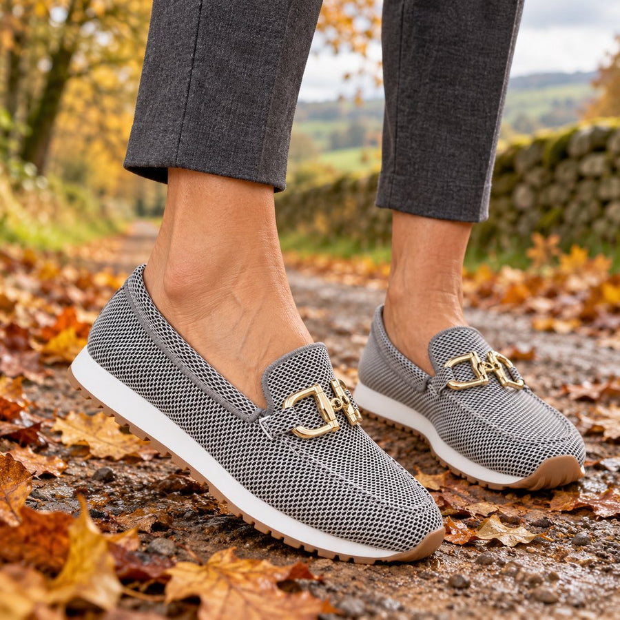 Judy Gold Buckle Knit Loafer Trainers worn on an autumn walk