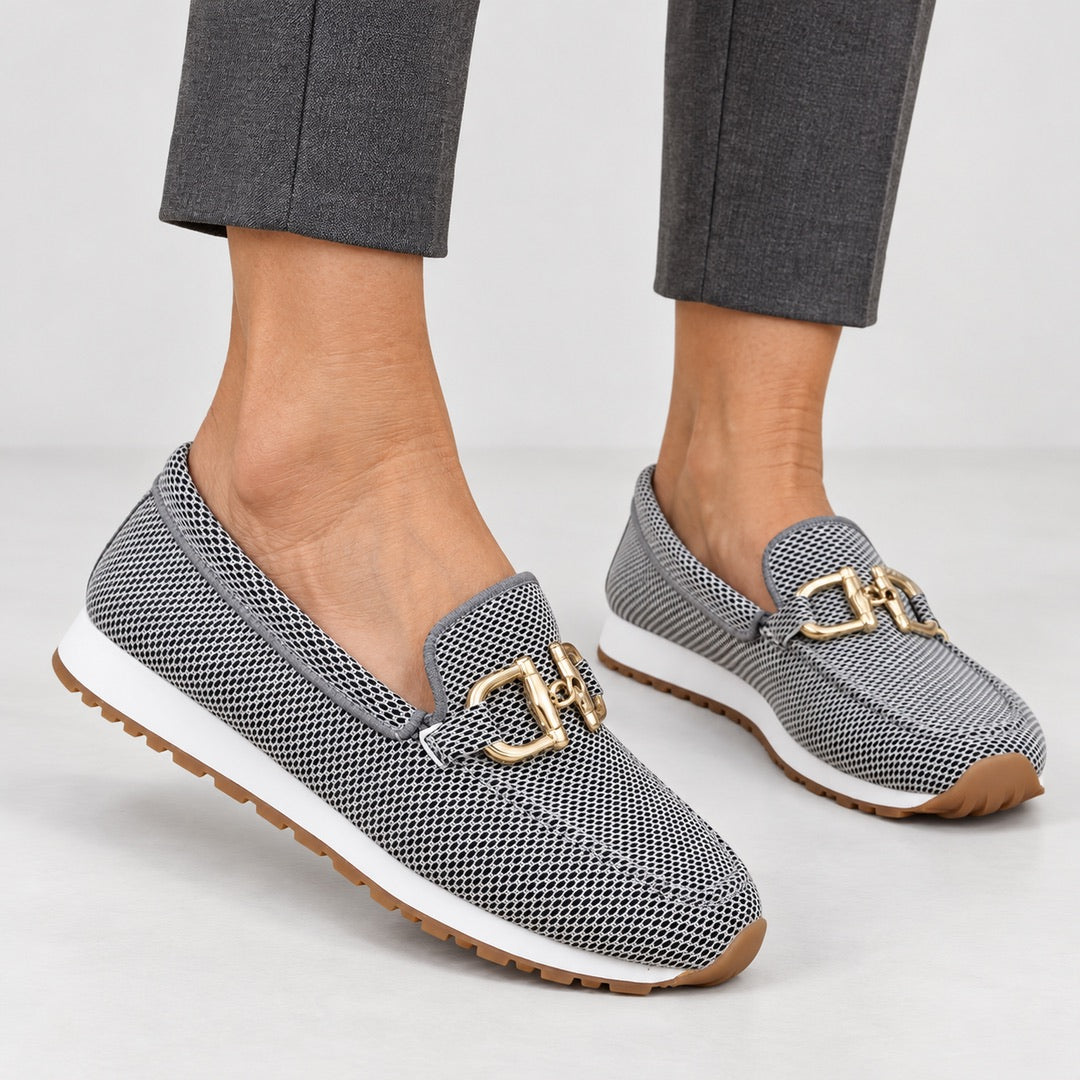 Judy Gold Buckle Knit Loafer Trainers in Grey