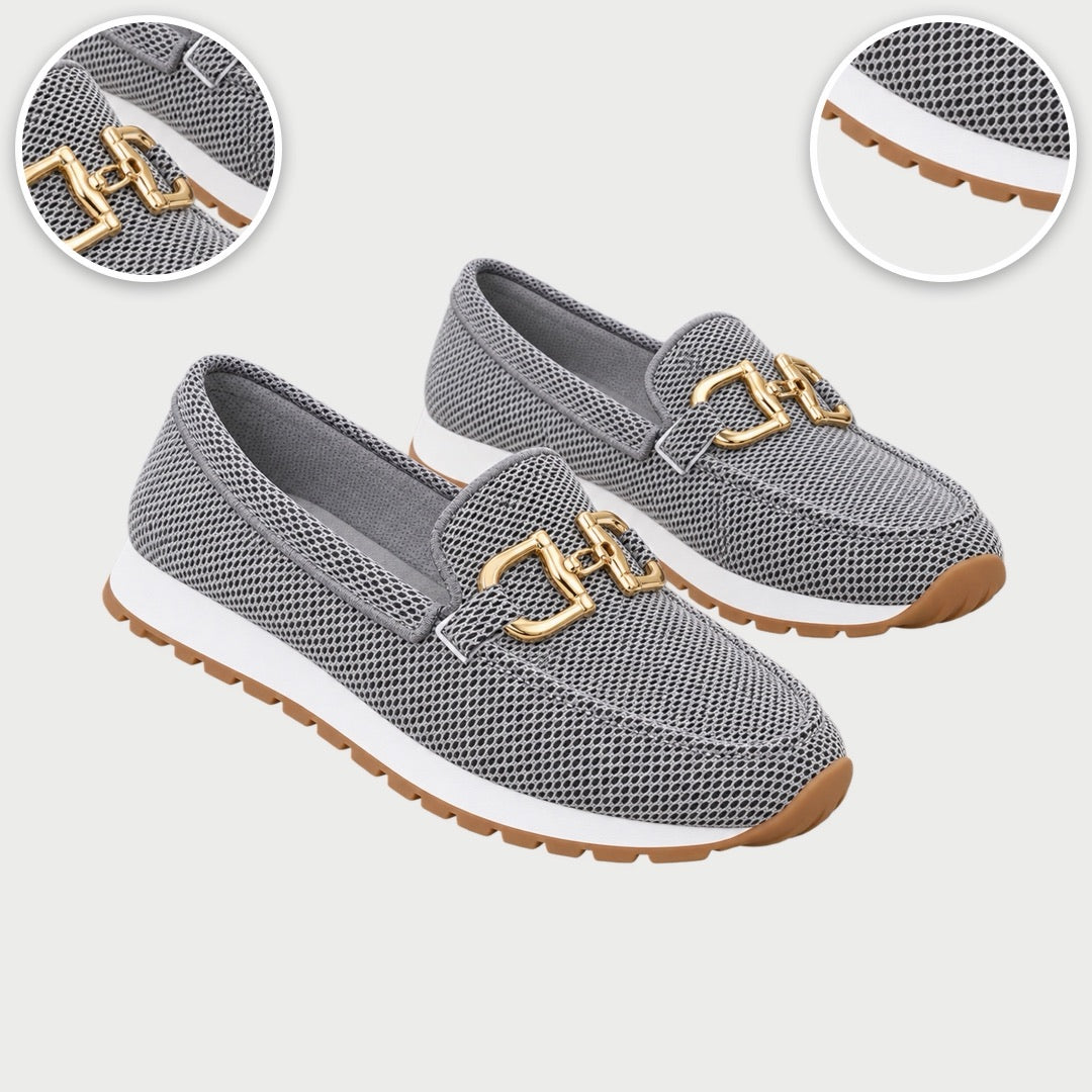 Judy Gold Buckle Knit Loafer Trainers, with close-ups of the details