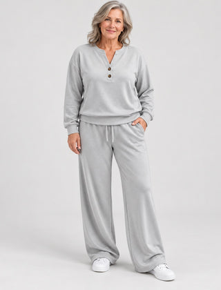 The June Button Neck Jumper and Wide-Leg Trouser Set in Light Grey