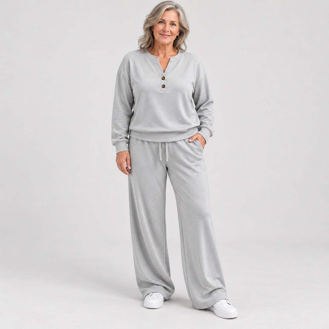 The June Button Neck Jumper and Wide-Leg Trouser Set in Light Grey