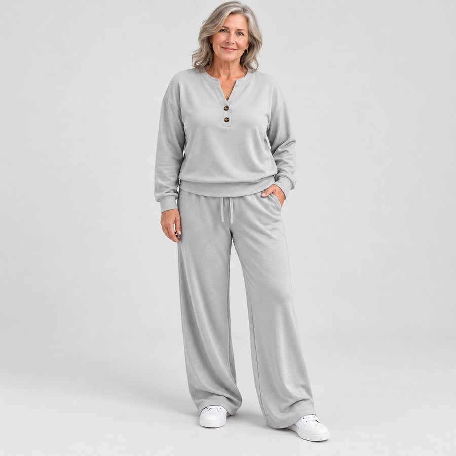 The June Button Neck Jumper and Wide-Leg Trouser Set in Light Grey