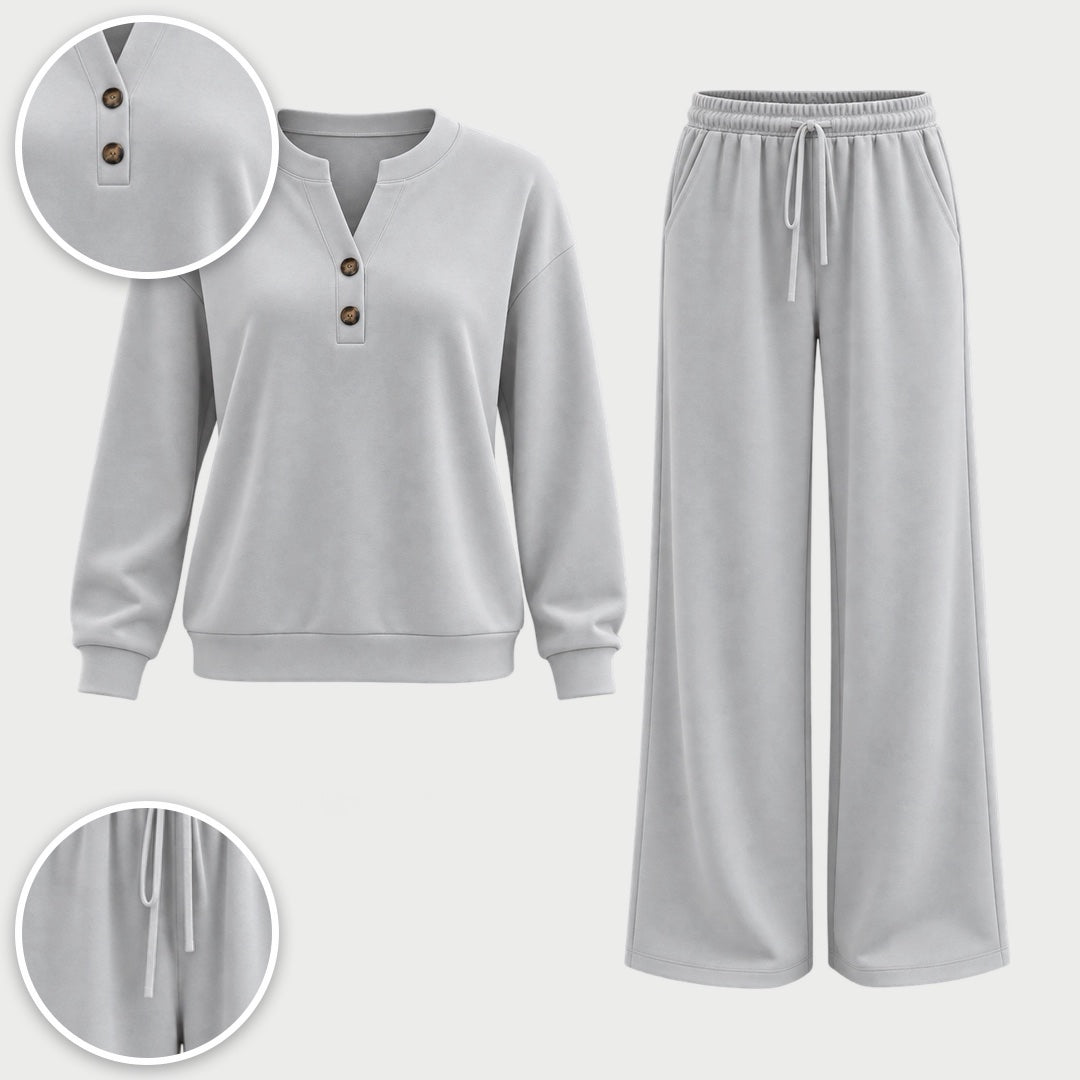 The June Button Neck Jumper and Wide-Leg Trouser Set in Light Grey, with close-ups of the details