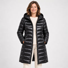 Close-up of the Karen Lightweight Longline Down Coat with Hood in Black