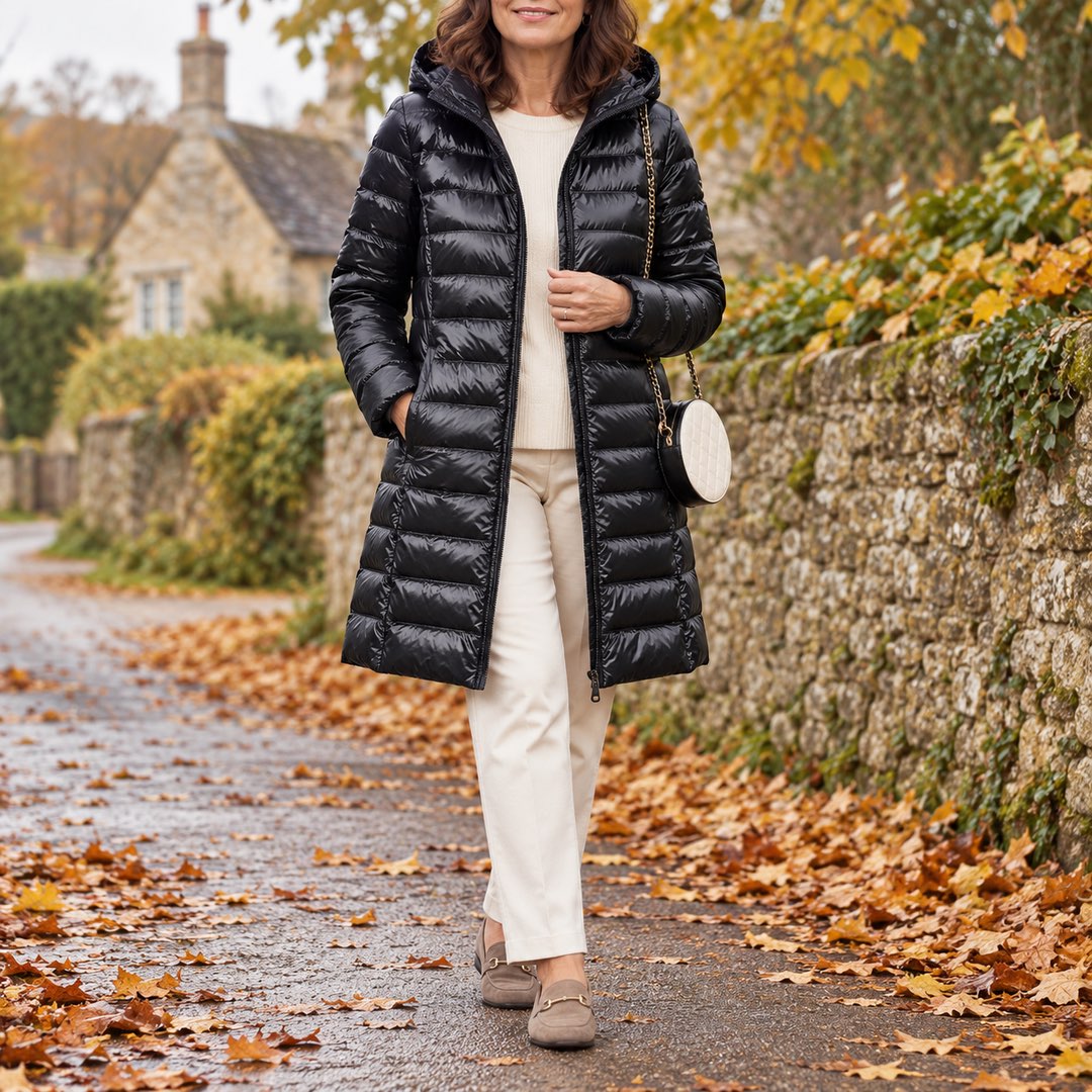 A woman wearing the Karen Lightweight Longline Down Coat with Hood in Black