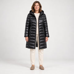 The Karen Lightweight Longline Down Coat with Hood in Black