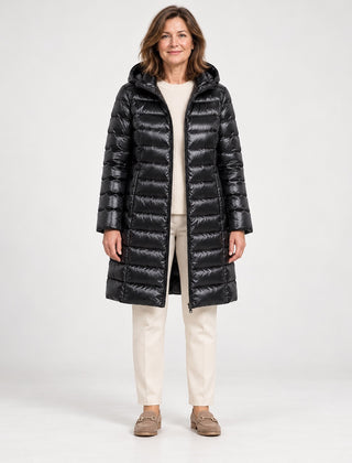 The Karen Lightweight Longline Down Coat with Hood in Black