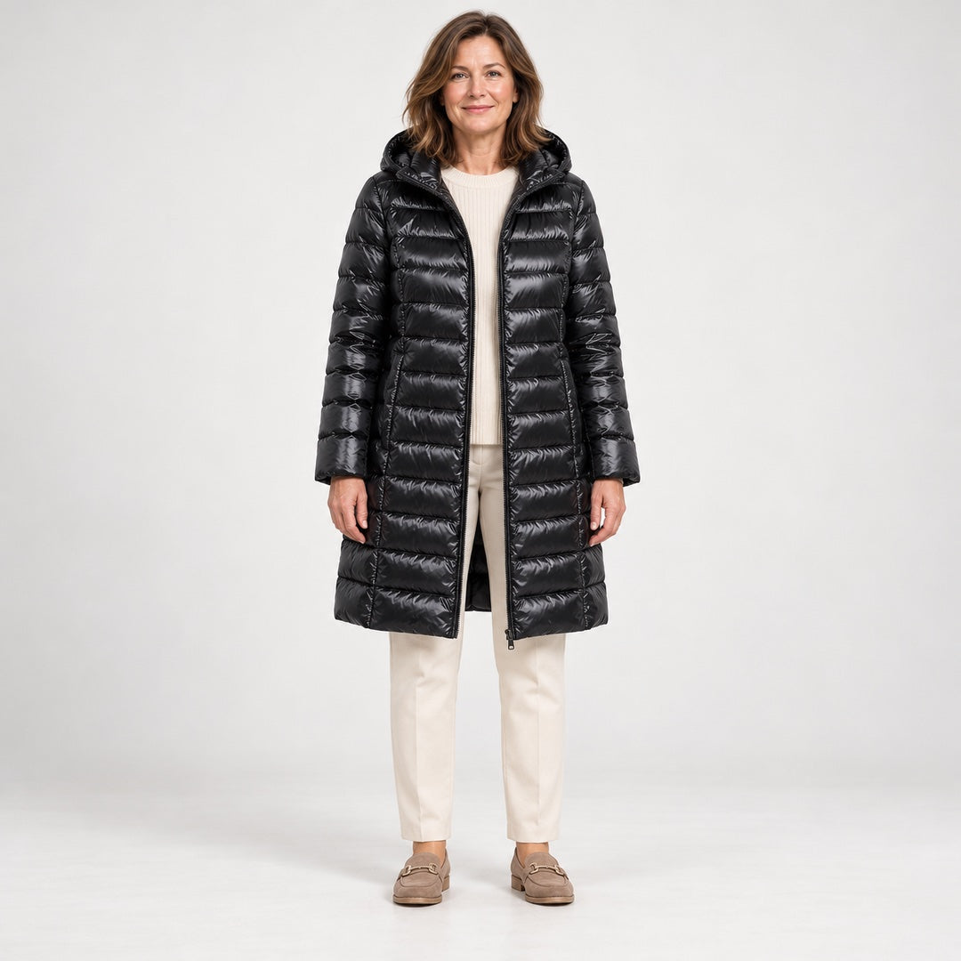 The Karen Lightweight Longline Down Coat with Hood in Black