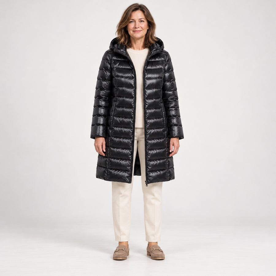 The Karen Lightweight Longline Down Coat with Hood in Black