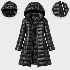 The Karen Lightweight Longline Down Coat with Hood in Black, with close-ups of the details