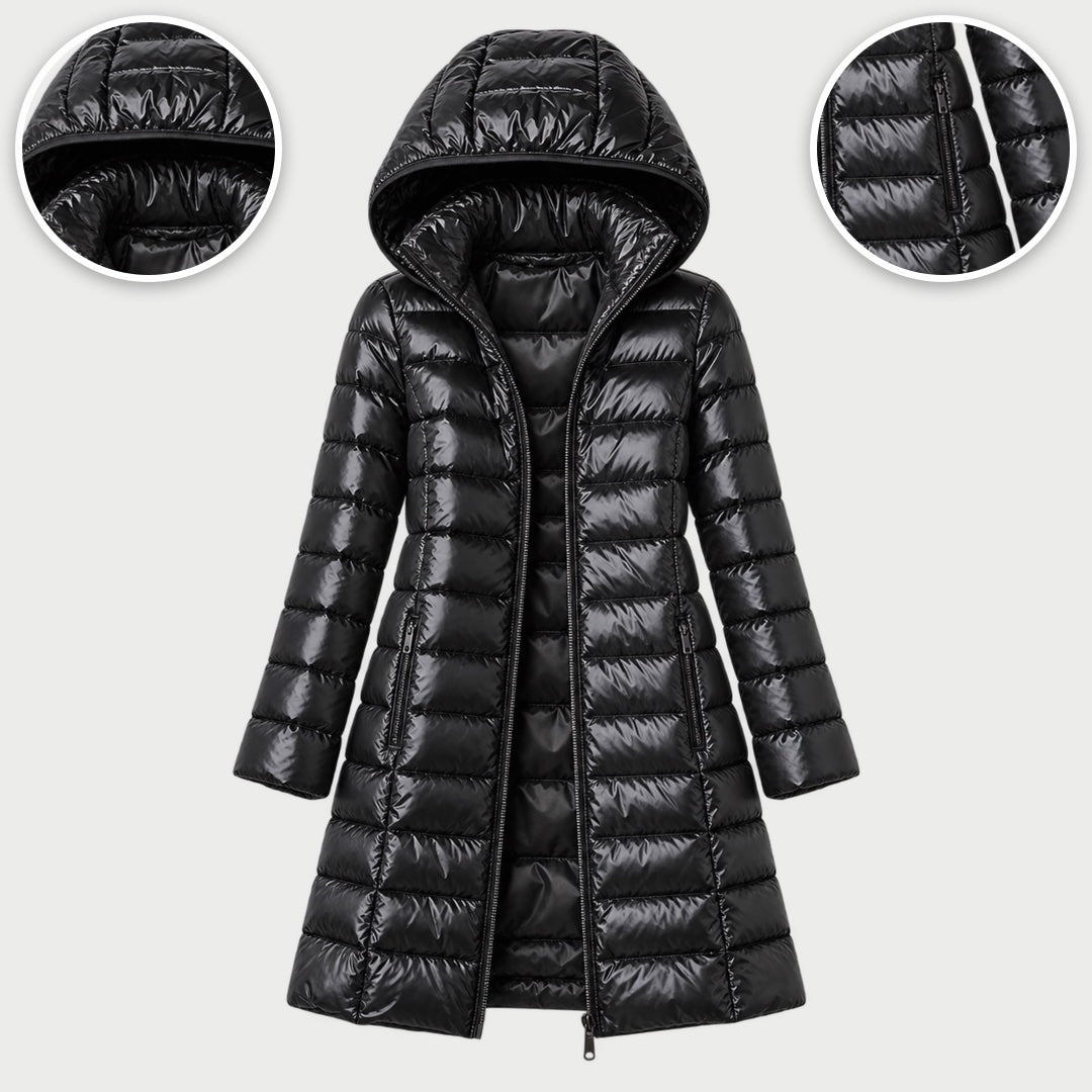 The Karen Lightweight Longline Down Coat with Hood in Black, with close-ups of the details