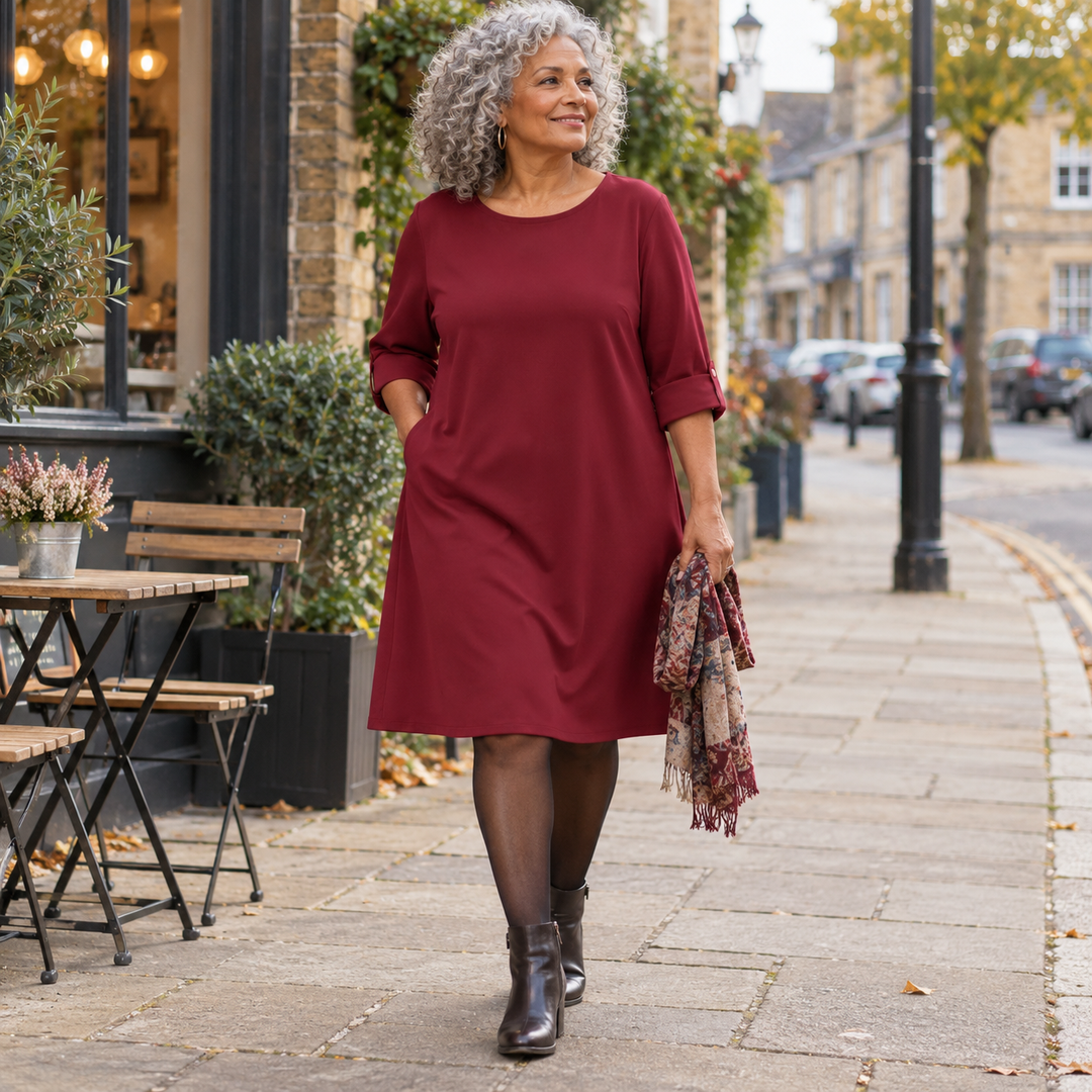 Kathleen Relaxed Roll-Cuff Pocket Dress in Wine - worn in town
