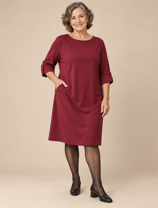 Kathleen Relaxed Roll-Cuff Pocket Dress in Wine - studio