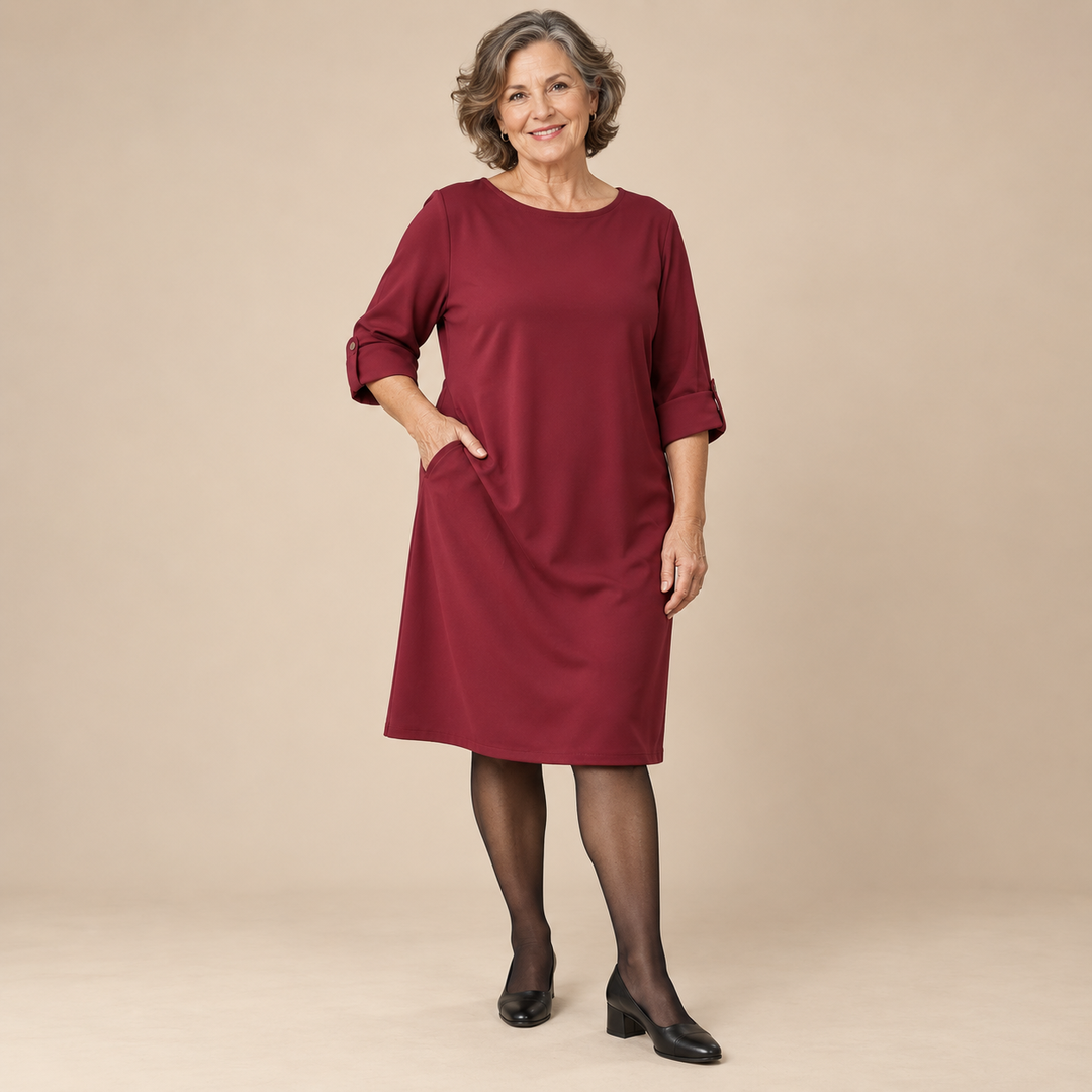 Kathleen Relaxed Roll-Cuff Pocket Dress in Wine - studio