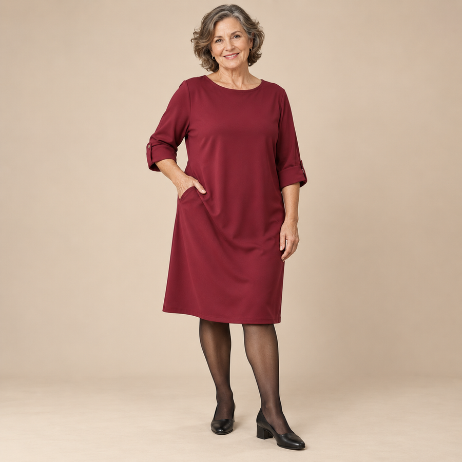Kathleen Relaxed Roll-Cuff Pocket Dress in Wine - studio