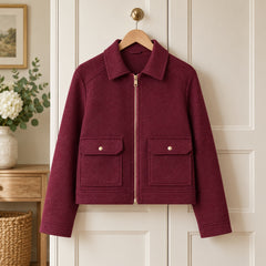 The Kathryn Wool Look Zip Jacket with Flap Pockets on a hanger
